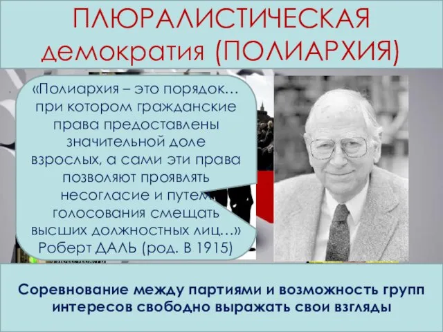 Концепции современной демократии Соревнование между партиями и возможность групп интересов свободно выражать