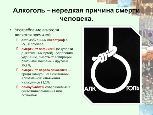 Алкоголь – нередкая причина смерти человека. Употребление алкоголя является причиной: автомобильных катастроф