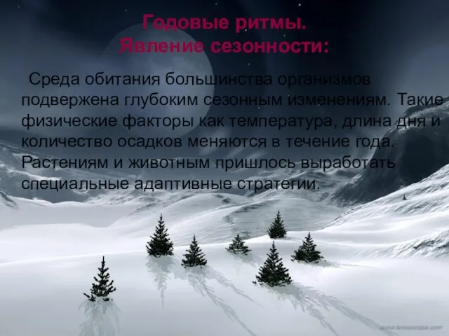 Годовые ритмы. Явление сезонности: Среда обитания большинства организмов подвержена глубоким сезонным изменениям.