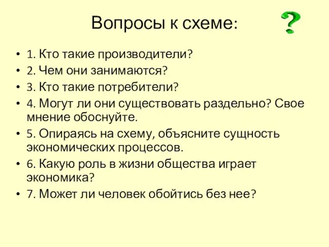 Вопросы к схеме: 1. Кто такие производители? 2. Чем они занимаются? 3.