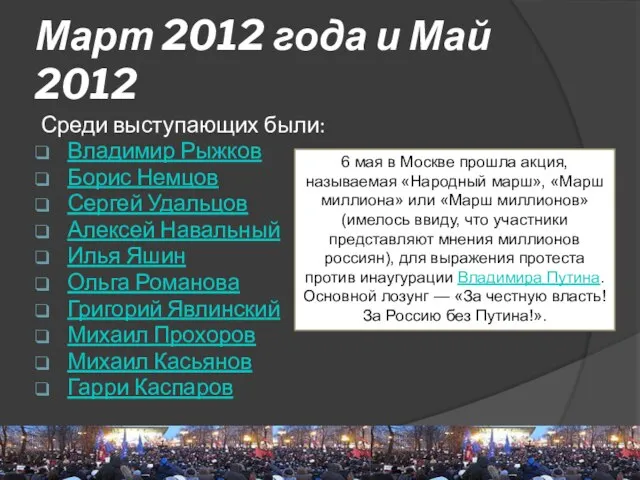 Март 2012 года и Май 2012 Среди выступающих были: Владимир Рыжков Борис