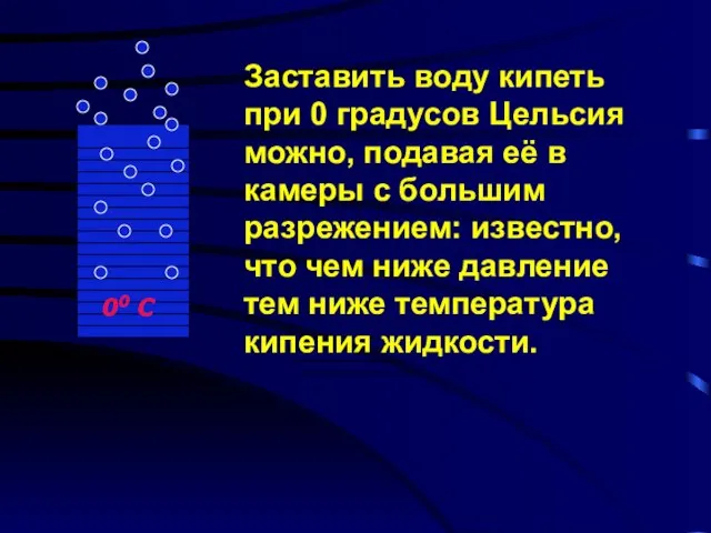 00 С Заставить воду кипеть при 0 градусов Цельсия можно, подавая её