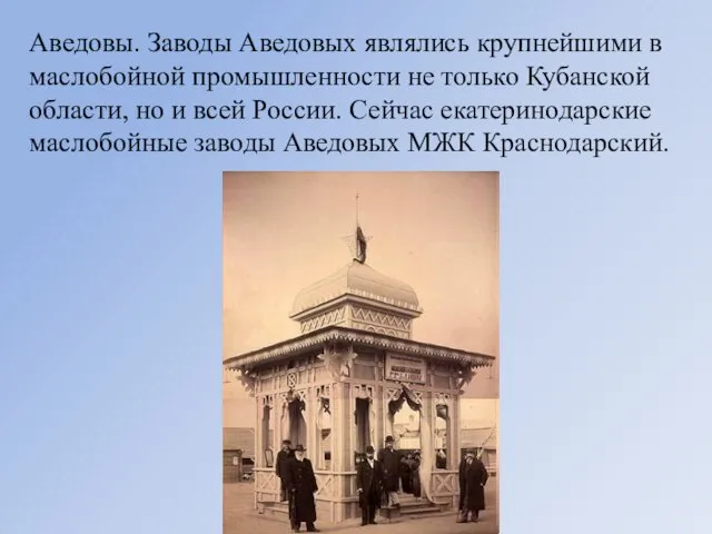 Аведовы. Заводы Аведовых являлись крупнейшими в маслобойной промышленности не только Кубанской области,