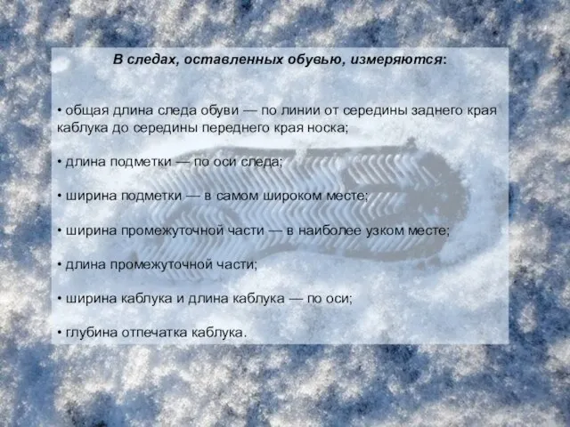 В следах, оставленных обувью, измеряются: • общая длина следа обуви — по