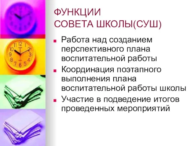 ФУНКЦИИ СОВЕТА ШКОЛЫ(СУШ) Работа над созданием перспективного плана воспитательной работы Координация поэтапного