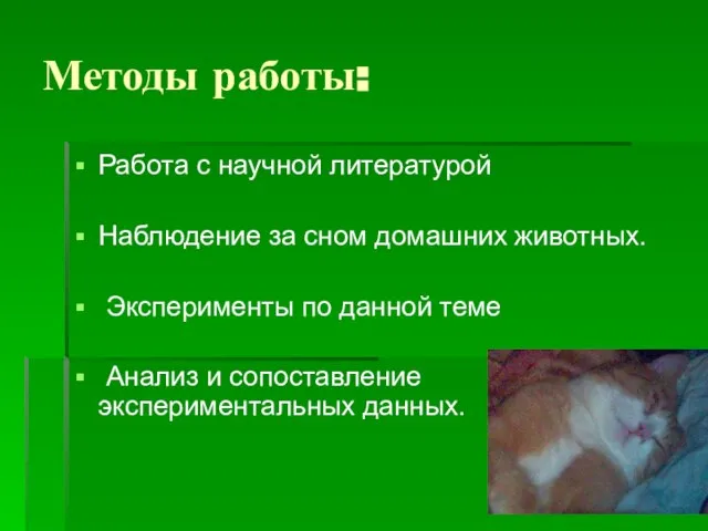 Методы работы: Работа с научной литературой Наблюдение за сном домашних животных. Эксперименты