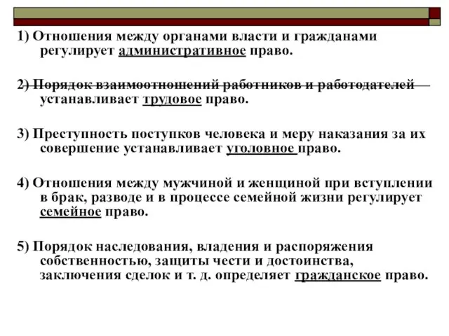 1) Отношения между органами власти и гражданами регулирует административное право. 2) Порядок