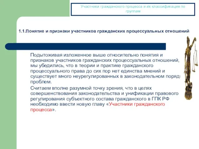 Подытоживая изложенное выше относительно понятия и признаков участников гражданских процессуальных отношений, мы