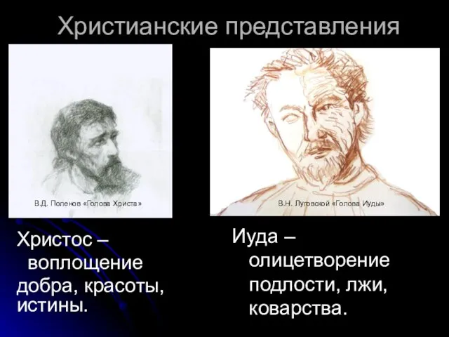 Христианские представления Иуда – олицетворение подлости, лжи, коварства. Христос – воплощение добра,