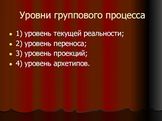 Уровни группового процесса 1) уровень текущей реальности; 2) уровень переноса; 3) уровень проекций; 4) уровень архетипов.