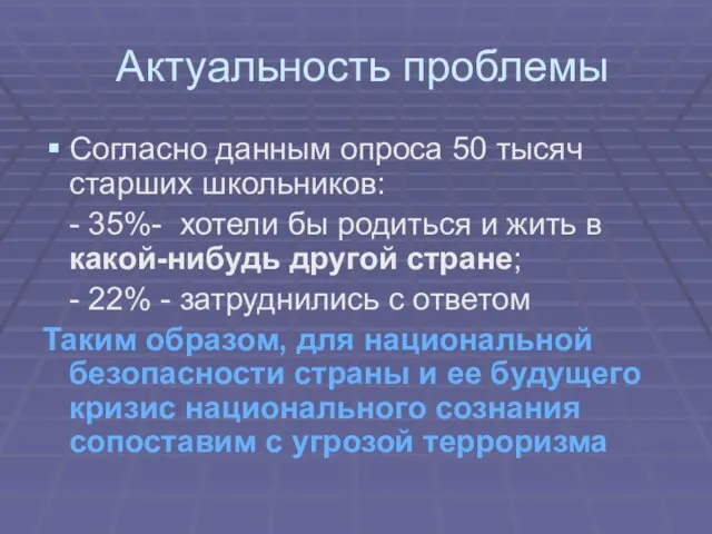 Актуальность проблемы Согласно данным опроса 50 тысяч старших школьников: - 35%- хотели