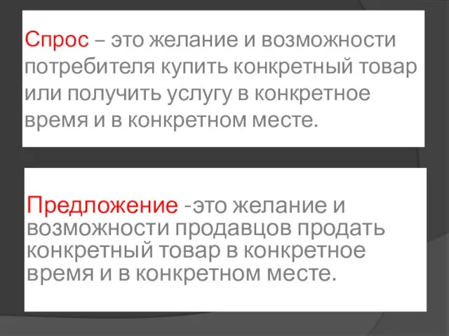 Спрос – это желание и возможности потребителя купить конкретный товар или получить