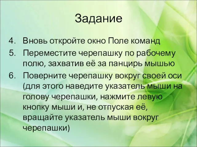 Задание Вновь откройте окно Поле команд Переместите черепашку по рабочему полю, захватив