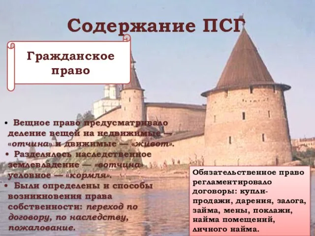 Содержание ПСГ Вещное право предусматривало деление вещей на недвижимые — «отчина» и