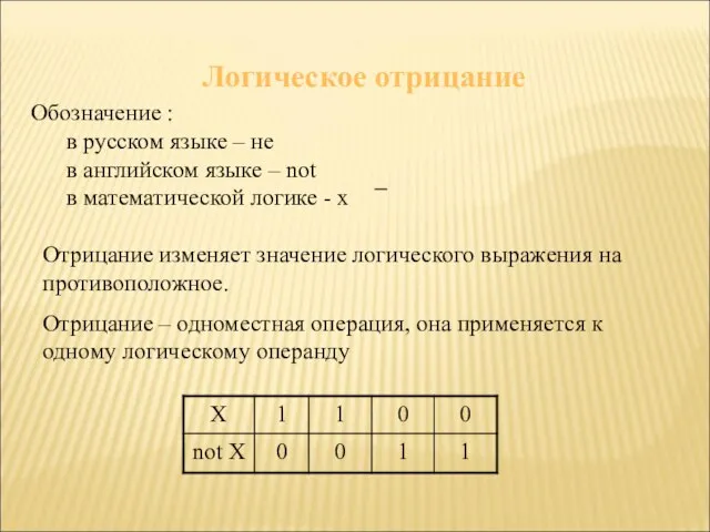 Логическое отрицание Обозначение : в русском языке – не в английском языке