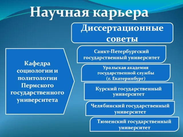 Научная карьера Диссертационные советы Санкт-Петербургский государственный университет Уральская академия государственной службы (г.