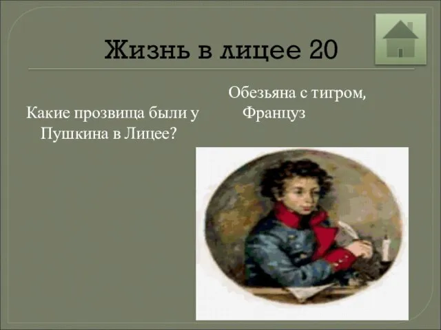 Жизнь в лицее 20 Какие прозвища были у Пушкина в Лицее? Обезьяна с тигром, Француз