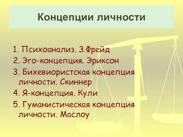 1. Психоанализ. З.Фрейд 2. Эго-концепция. Эриксон 3. Бихевиористская концепция личности. Скиннер 4.