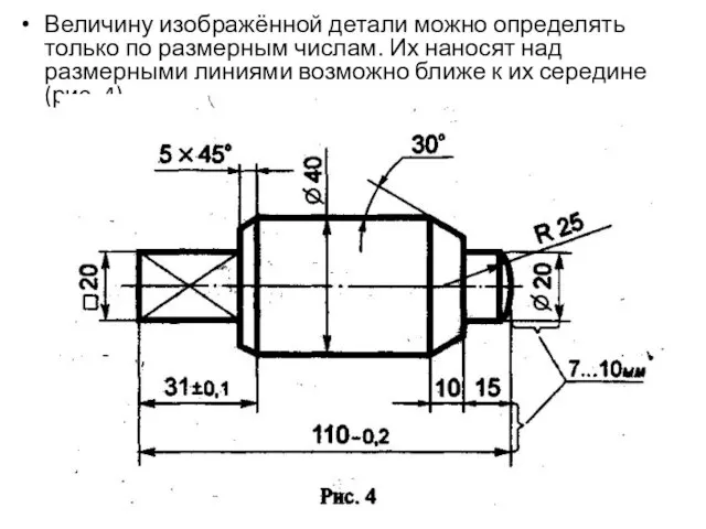 Величину изображённой детали можно определять только по размерным числам. Их наносят над