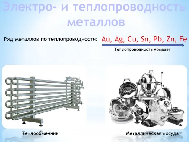 Электро- и теплопроводность металлов Теплообменник Металлическая посуда Au, Ag, Cu, Sn, Pb,