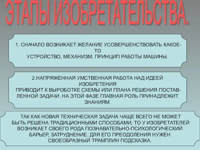 ЭТАПЫ ИЗОБРЕТАТЕЛЬСТВА. 1. СНАЧАЛО ВОЗНИКАЕТ ЖЕЛАНИЕ УСОВЕРШЕНСТВОВАТЬ КАКОЕ-ТО УСТРОЙСТВО, МЕХАНИЗМ, ПРИНЦИП РАБОТЫ