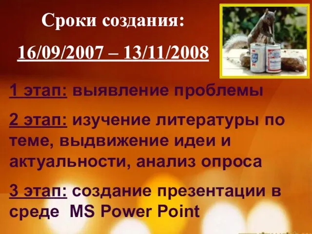 Сроки создания: 16/09/2007 – 13/11/2008 1 этап: выявление проблемы 2 этап: изучение