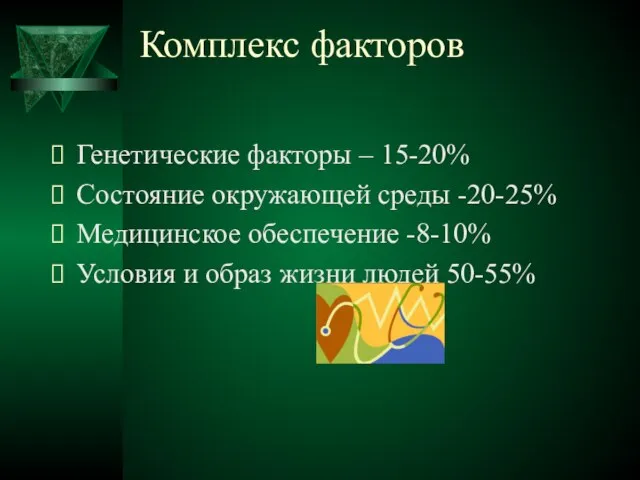 Комплекс факторов Генетические факторы – 15-20% Состояние окружающей среды -20-25% Медицинское обеспечение