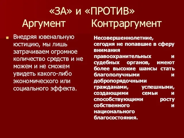 «ЗА» и «ПРОТИВ» Аргумент Контраргумент Внедряя ювенальную юстицию, мы лишь затрачиваем огромное