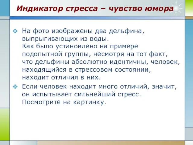 Индикатор стресса – чувство юмора На фото изображены два дельфина, выпрыгивающих из