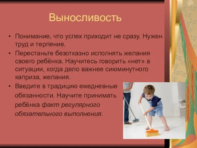 Выносливость Понимание, что успех приходит не сразу. Нужен труд и терпение. Перестаньте