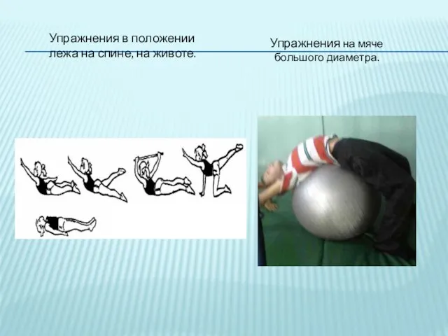 Упражнения на мяче большого диаметра. Упражнения в положении лежа на спине, на животе.