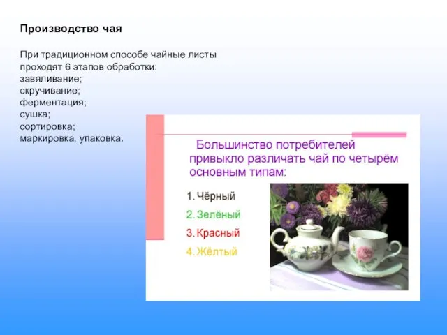 Производство чая При традиционном способе чайные листы проходят 6 этапов обработки: завяливание;