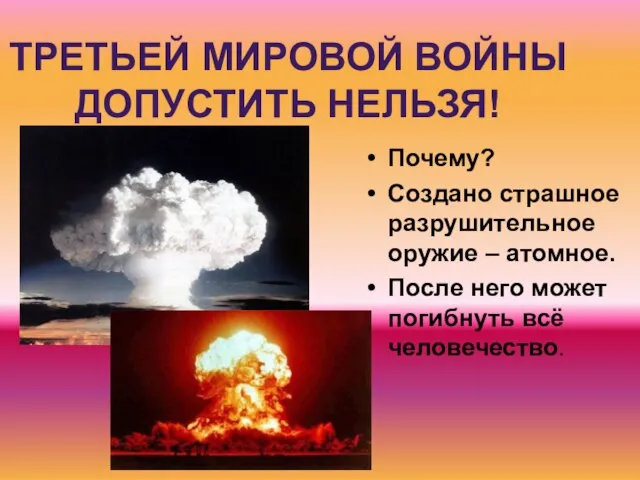 ТРЕТЬЕЙ МИРОВОЙ ВОЙНЫ ДОПУСТИТЬ НЕЛЬЗЯ! Почему? Создано страшное разрушительное оружие – атомное.