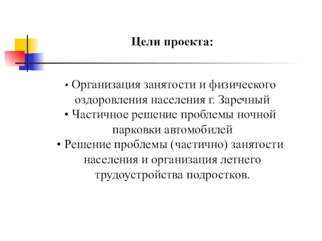 Цели проекта: Организация занятости и физического оздоровления населения г. Заречный Частичное решение