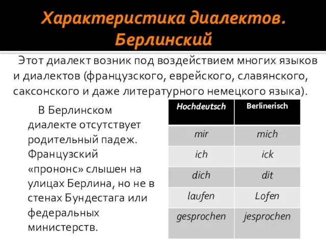 В Берлинском диалекте отсутствует родительный падеж. Французский «прононс» слышен на улицах Берлина,