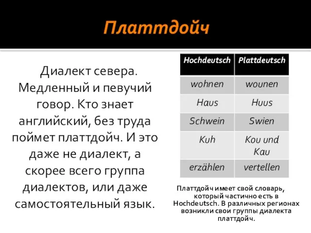 Платтдойч Платтдойч имеет свой словарь, который частично есть в Hochdeutsch. В различных