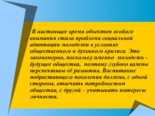 В настоящее время объектом особого внимания стала проблема социальной адаптации молодежи в