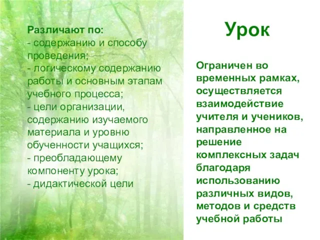 Урок Ограничен во временных рамках, осуществляется взаимодействие учителя и учеников, направленное на