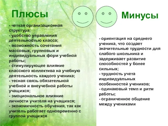 Плюсы - четкая организационная структура; - удобство управления деятельностью класса; - возможность