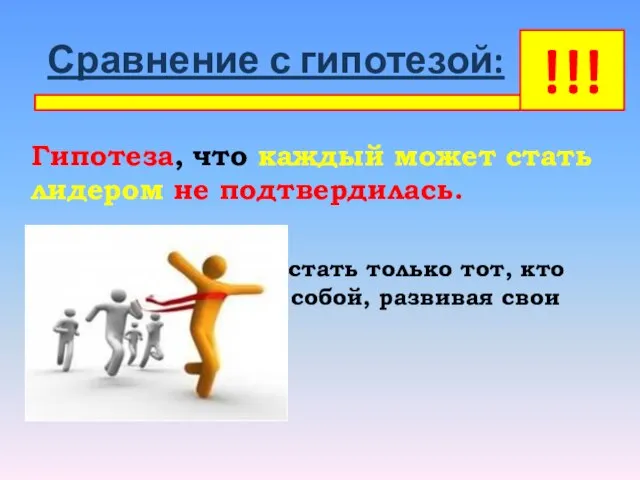 Сравнение с гипотезой: Гипотеза, что каждый может стать лидером не подтвердилась. ЛИДЕРОМ