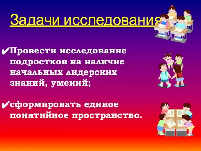 Задачи исследования: Провести исследование подростков на наличие начальных лидерских знаний, умений; сформировать единое понятийное пространство.