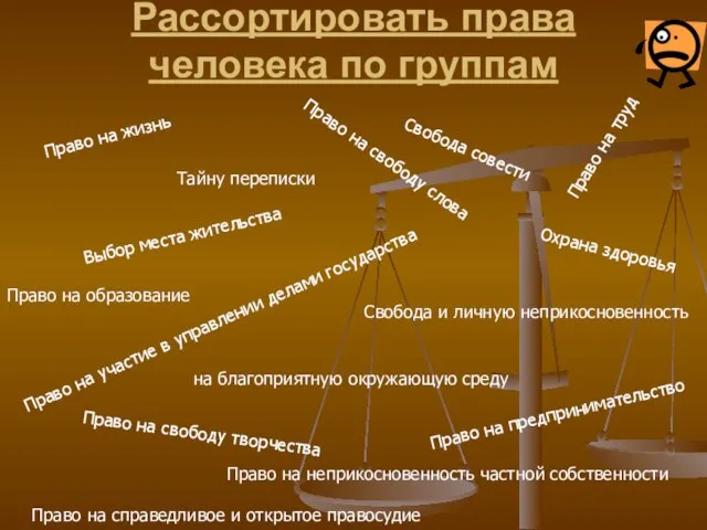 Рассортировать права человека по группам Право на жизнь Право на труд Право