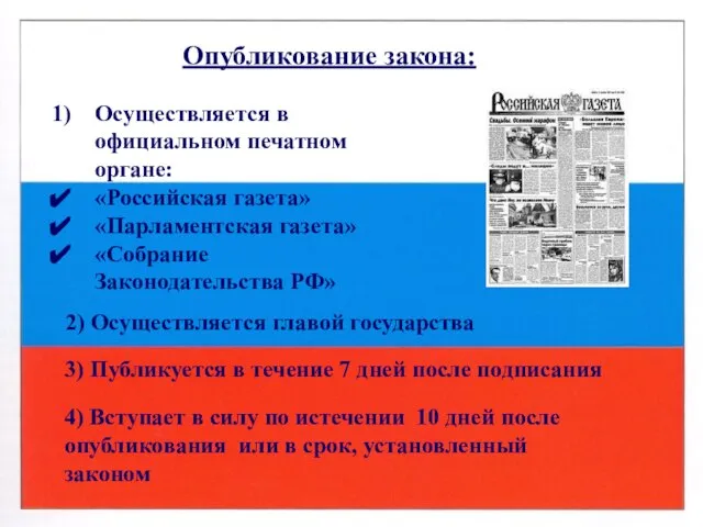 Опубликование закона: Осуществляется в официальном печатном органе: «Российская газета» «Парламентская газета» «Собрание