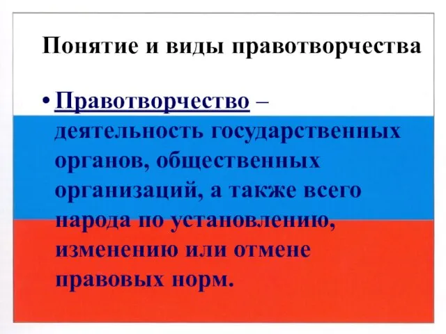 Понятие и виды правотворчества Правотворчество – деятельность государственных органов, общественных организаций, а