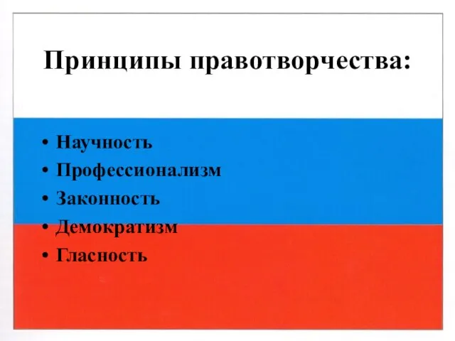 Принципы правотворчества: Научность Профессионализм Законность Демократизм Гласность