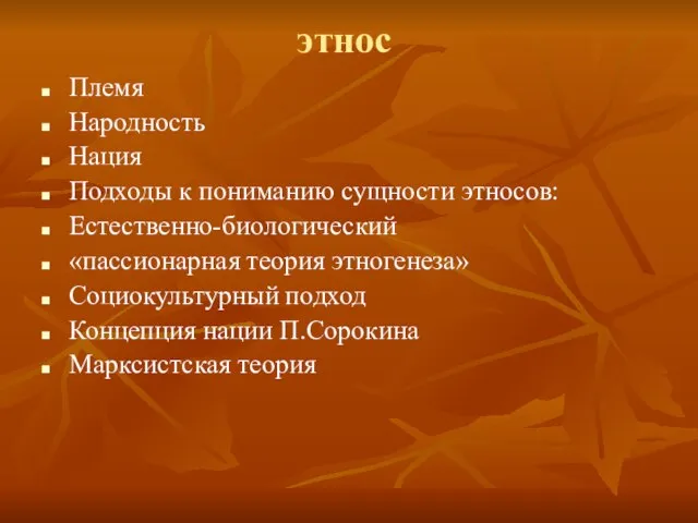 этнос Племя Народность Нация Подходы к пониманию сущности этносов: Естественно-биологический «пассионарная теория