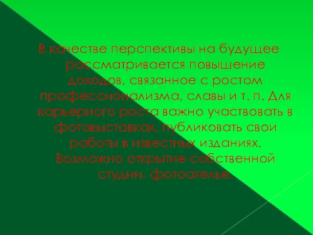 В качестве перспективы на будущее рассматривается повышение доходов, связанное с ростом профессионализма,