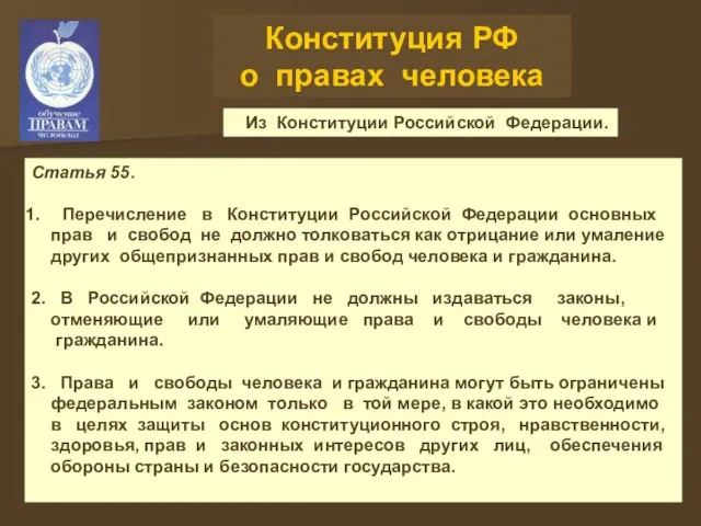 Конституция РФ о правах человека Из Конституции Российской Федерации. Статья 55. Перечисление