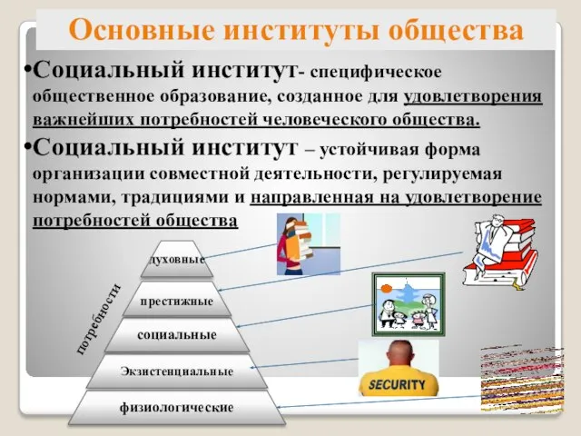 Основные институты общества Социальный институт- специфическое общественное образование, созданное для удовлетворения важнейших