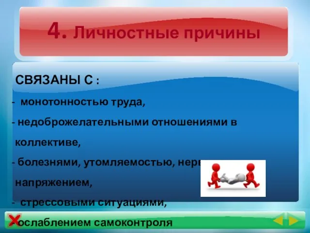 4. Личностные причины СВЯЗАНЫ С : монотонностью труда, недоброжелательными отношениями в коллективе,